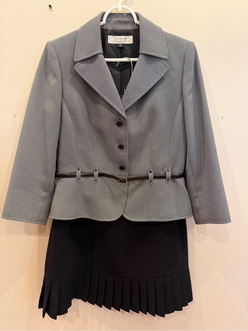 Tahari ASL Women's Gray Tailored Peplum Jacket and Black Skirt Set